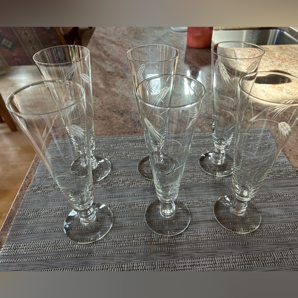 Sasaki “Wheat” Set of 6. Etched Pilsner Glasses. 1950’s Sasaki Glass Co. Japan.